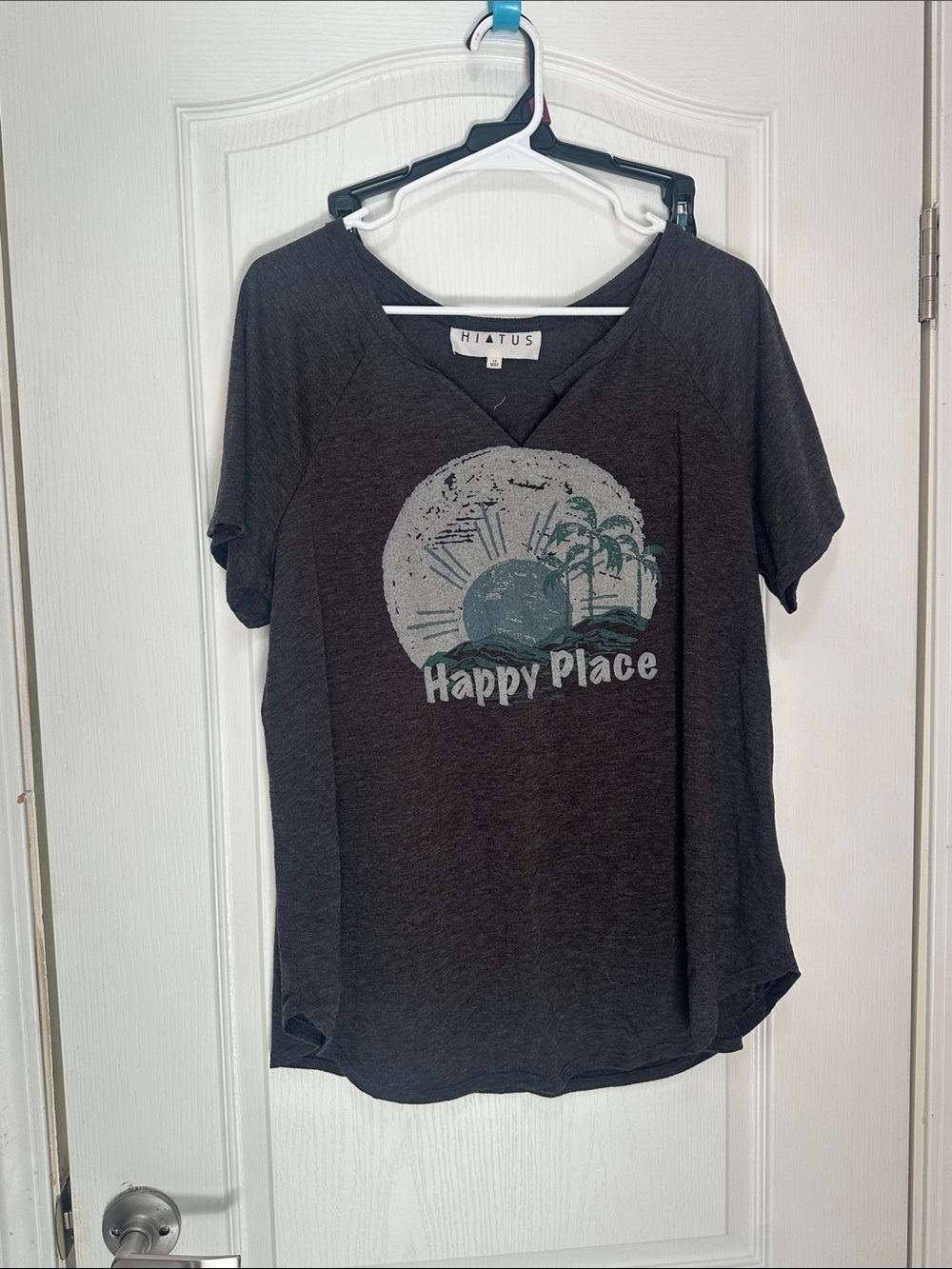 "Happy Place" V-Neck Graphic Tee - Charcoal